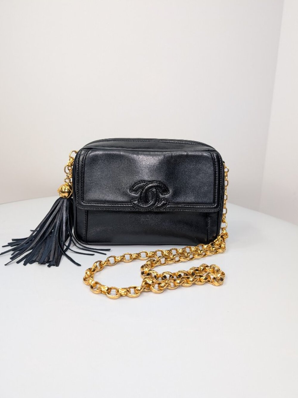 Chanel Rare Vintage Navy 24k Gold-Plated Tassel Camera Bag with Bijou Chain